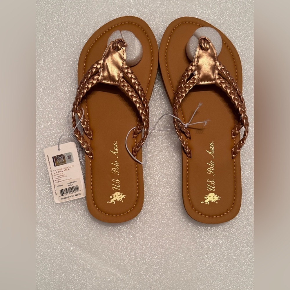 Women’s U.S. Polo Ass. flip-flop metallic braided straps brown faux-leather
